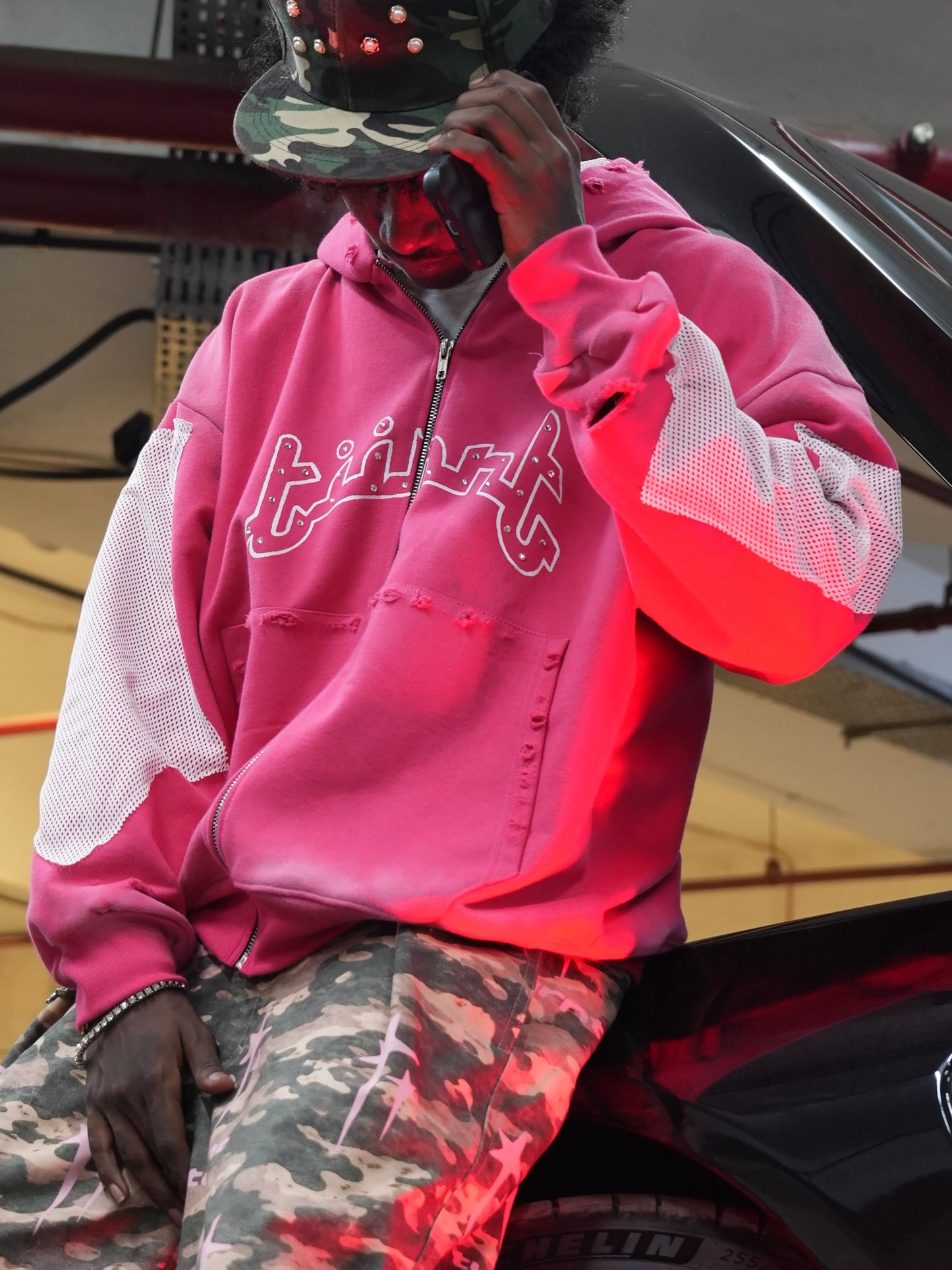 DISTRESSED PREVAIL PINK HOODIE