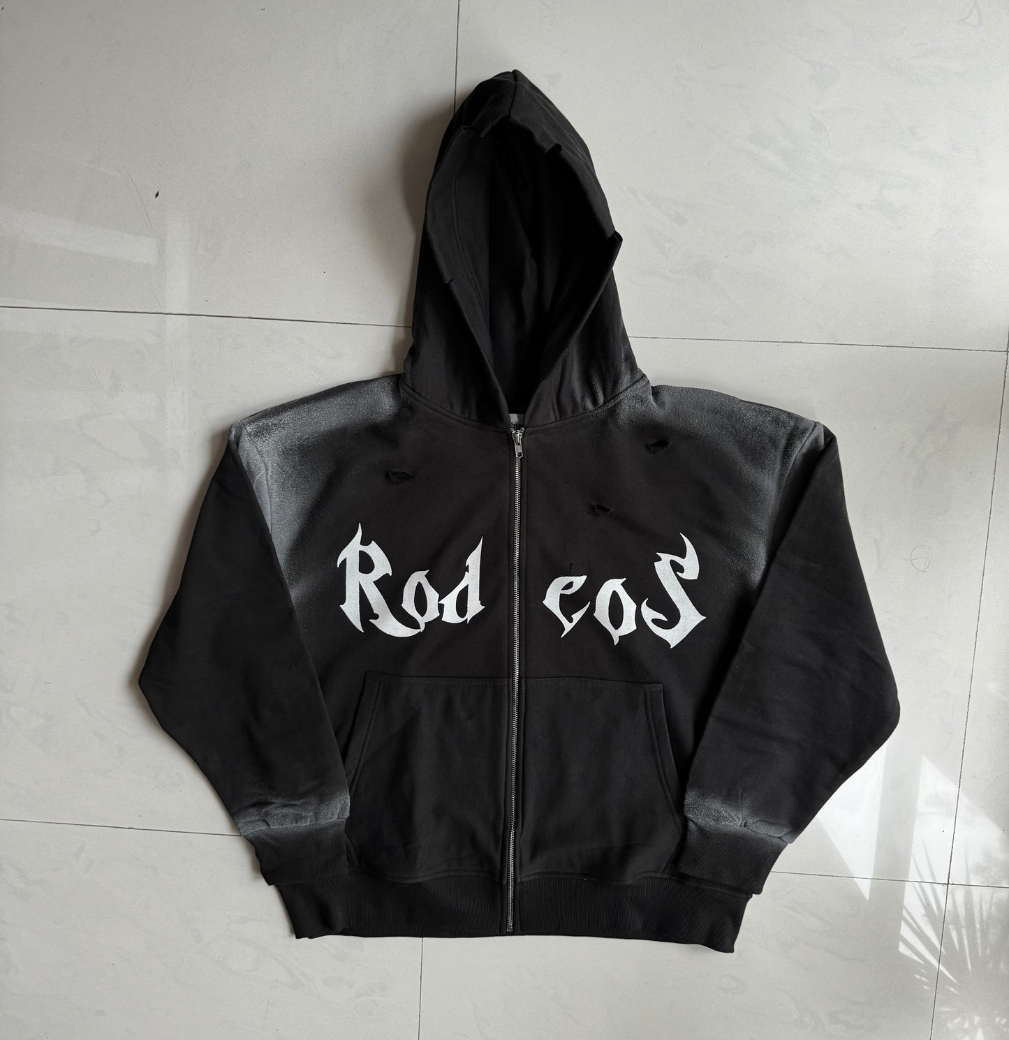 RODEO ZIP UP DISTRESSED HOODIE