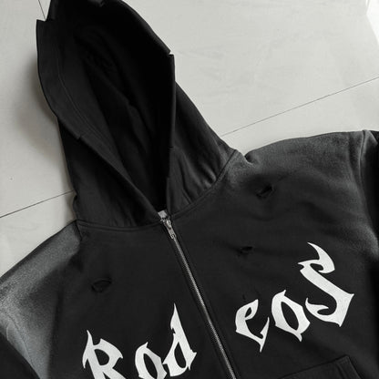 RODEO ZIP UP DISTRESSED HOODIE